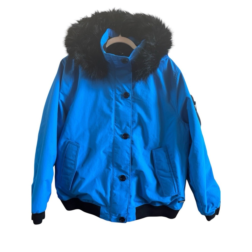 Land's End Bright Blue Woman's Jacket Size XL/18 Pockets Faux Fur Hood Trim